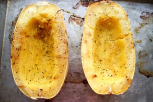 Spaghetti squash cut in half right out of oven