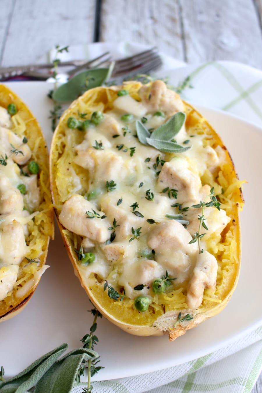 close up shot of one of the cooked spaghetti squash halves