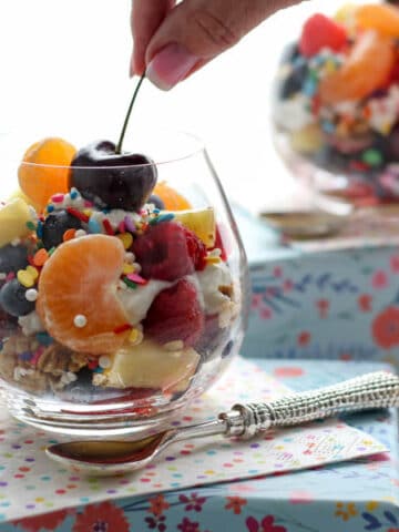 Breakfast Fruit Salad jar with a cherry on top