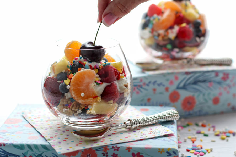 Breakfast Fruit Salad jar with a cherry on top