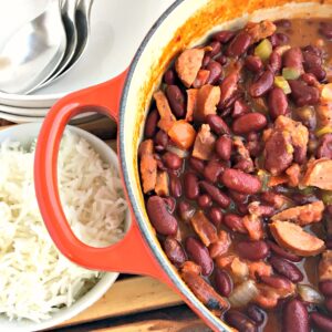 A red pot of red beans and rice