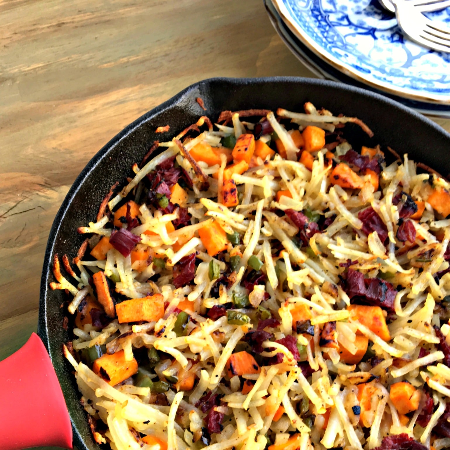 Sweet potato and pastrami hash, corned beef hash, hash browns