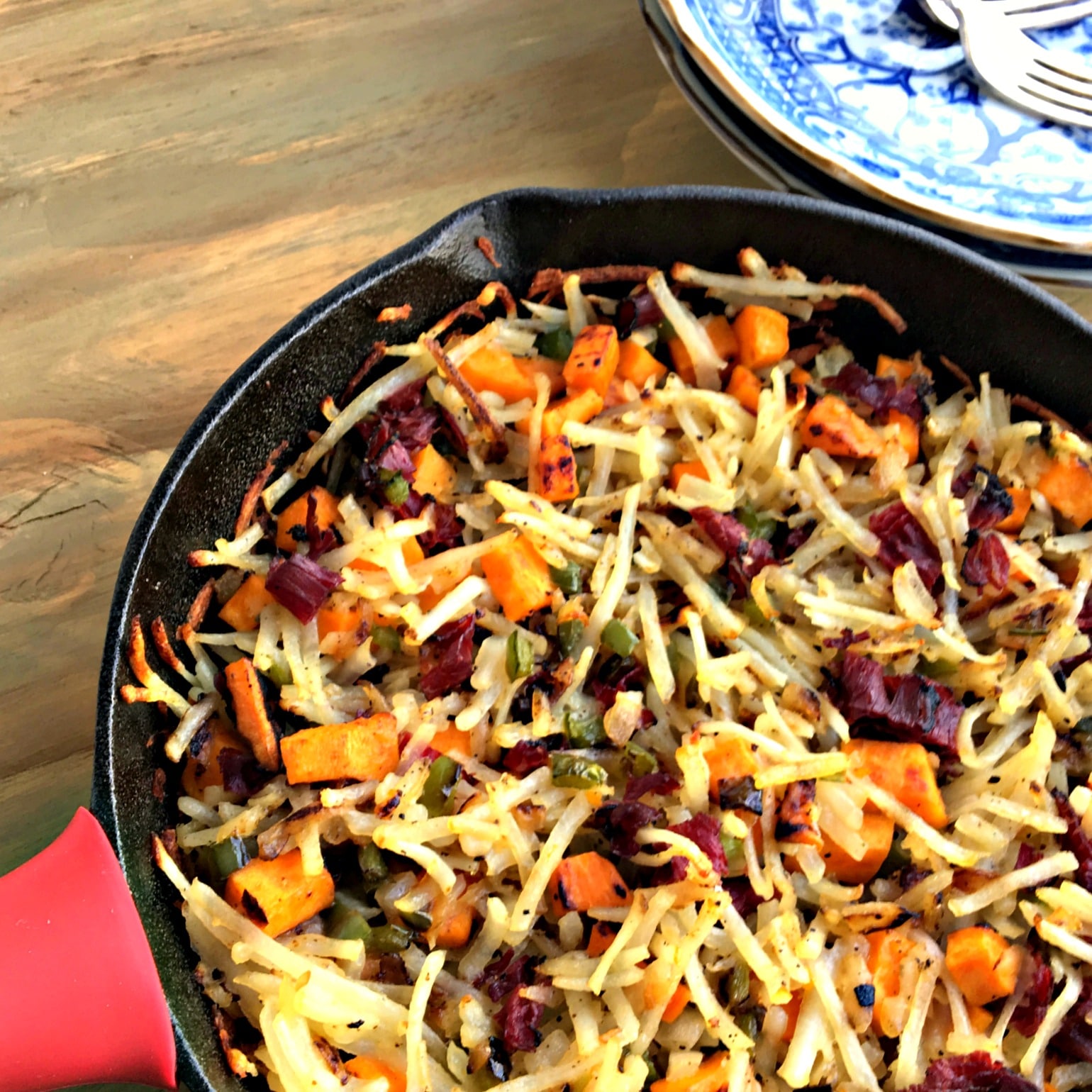 Sweet potato and pastrami hash, corned beef hash, hash browns