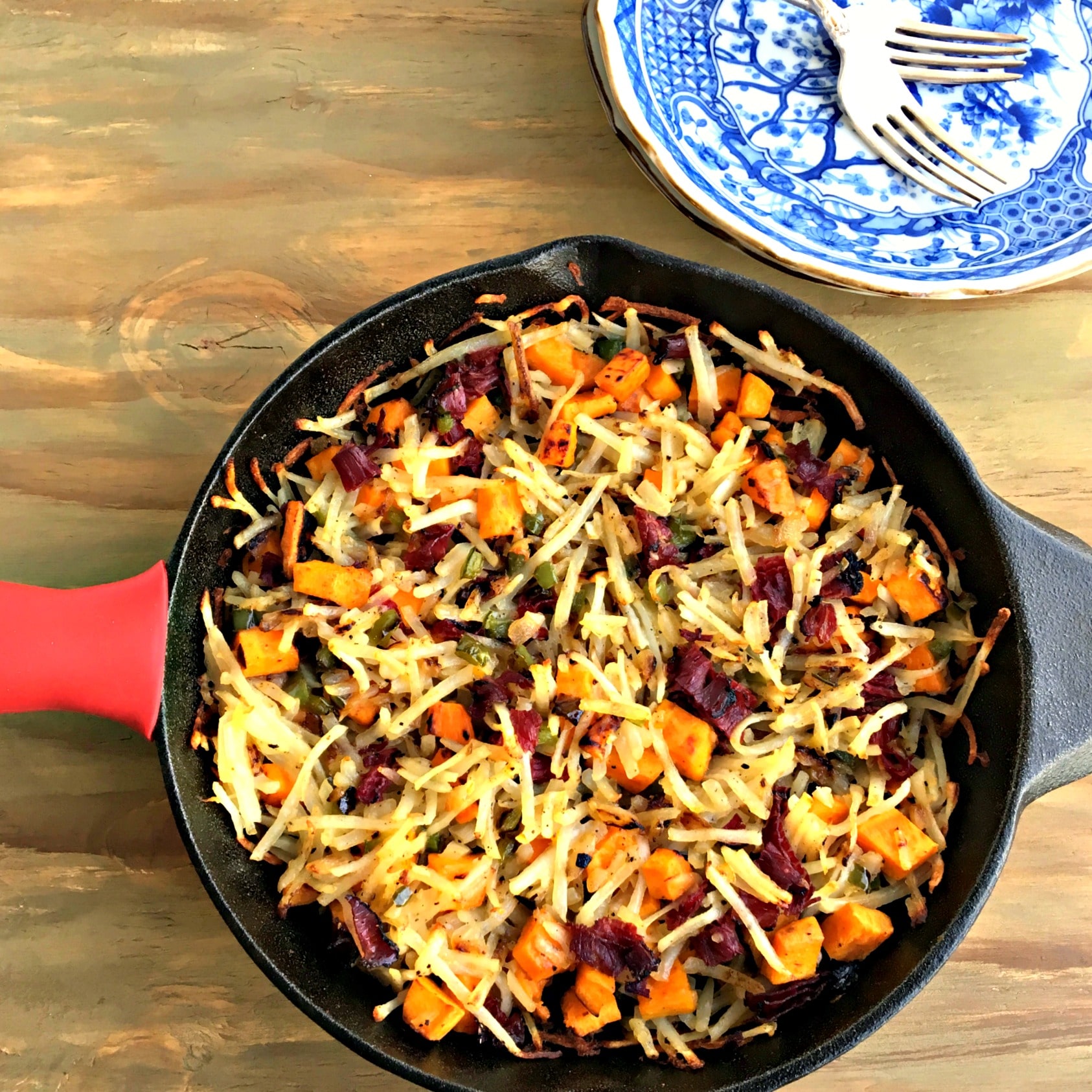 Sweet potato and pastrami hash, corned beef hash, hash browns