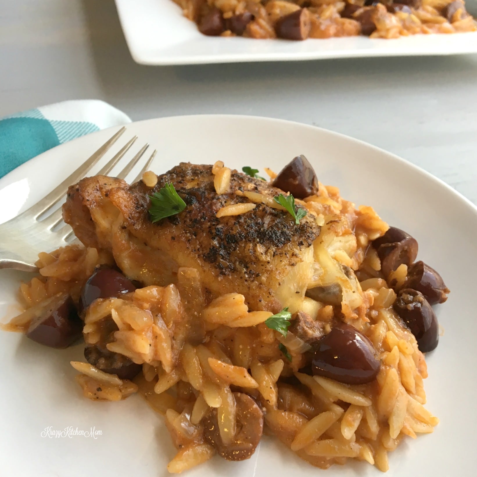 One Pan Greek Chicken with Olives and Orzo