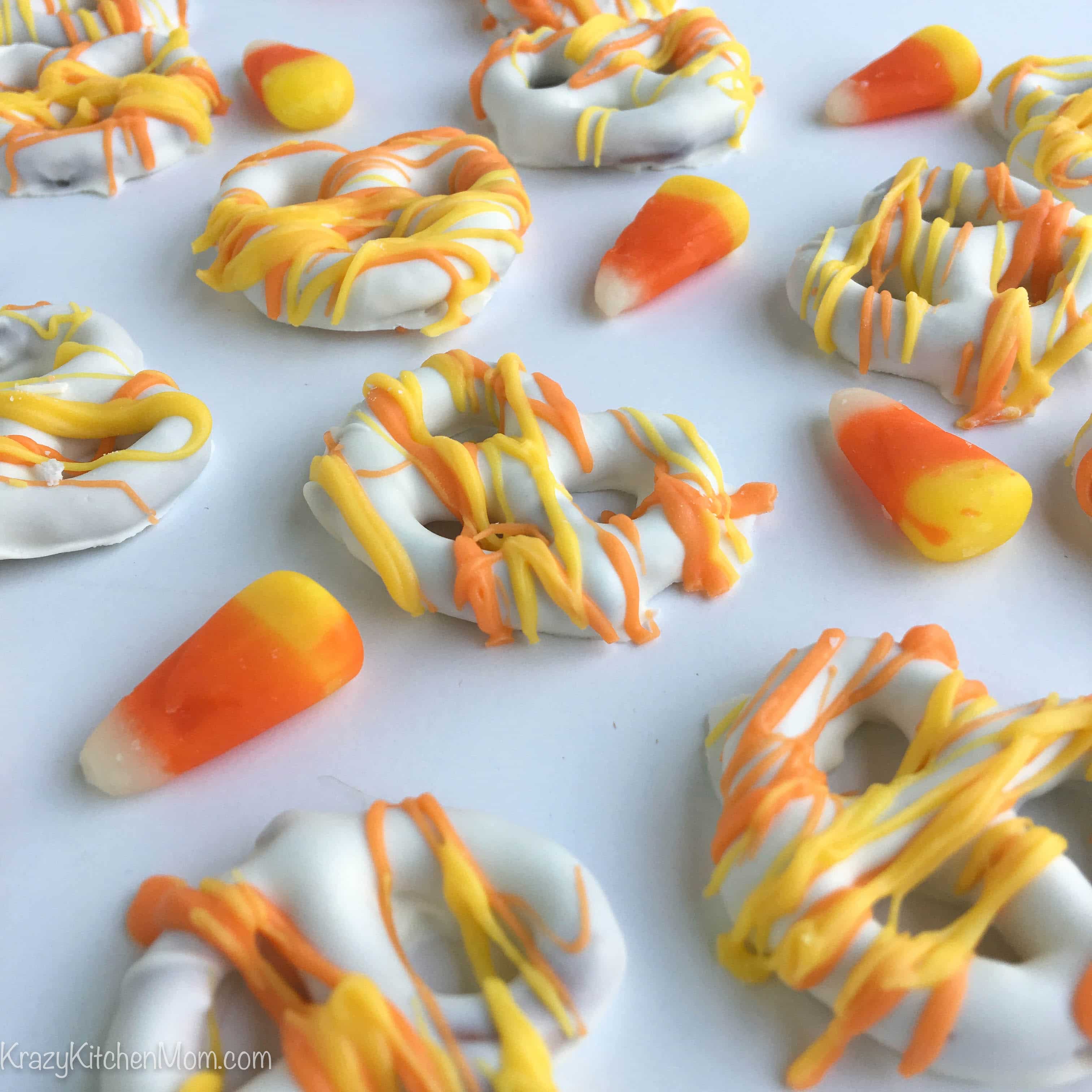 Halloween Candy Corn Chocolate Covered Pretzels using Wilton Candy Melts