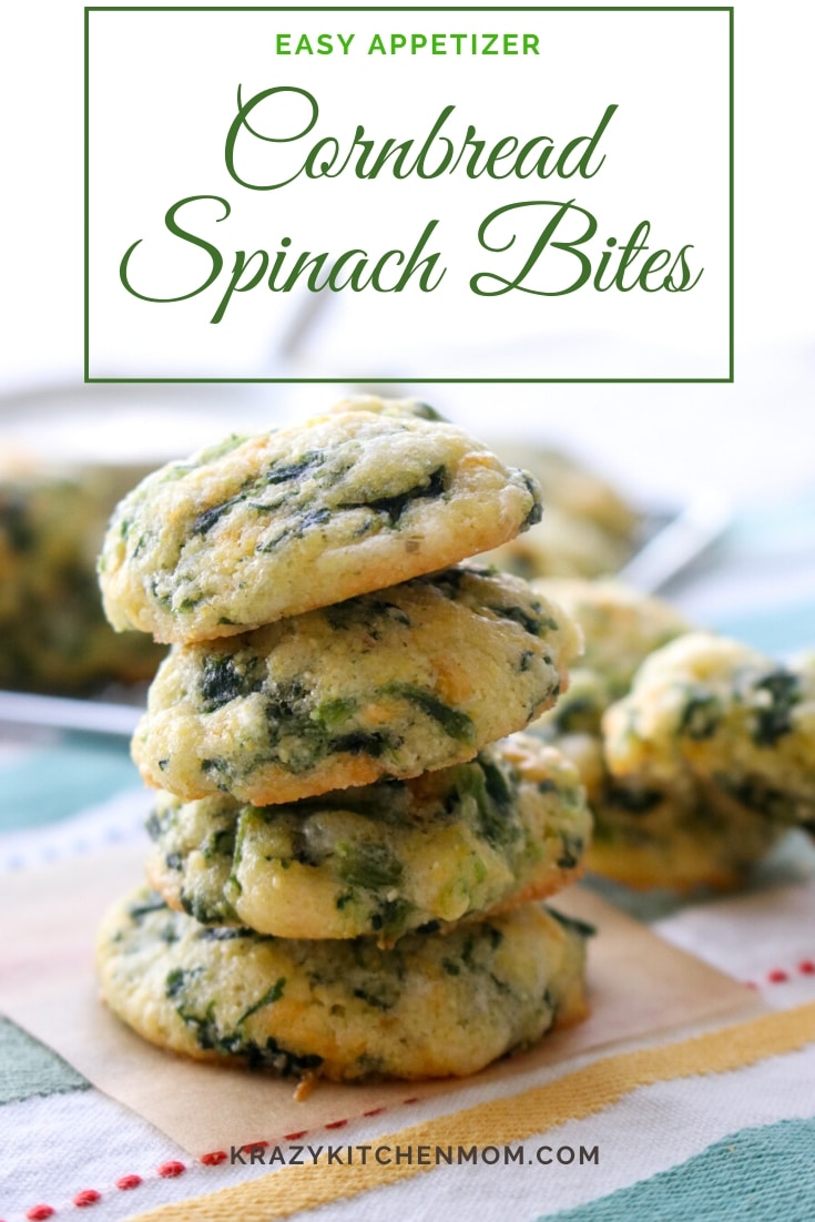 Cornbread Spinach Cheese Bites are an easy make-ahead appetizer using frozen spinach, boxed corn muffin mix, eggs, blue cheese dressing, and cheese. Don't miss this easy video recipe. via @krazykitchenmom