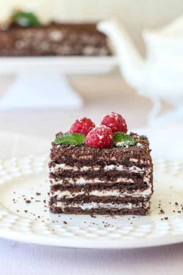 A close up of a piece of cake on a plate with Chocolate and Cheesecake topped with raspberries