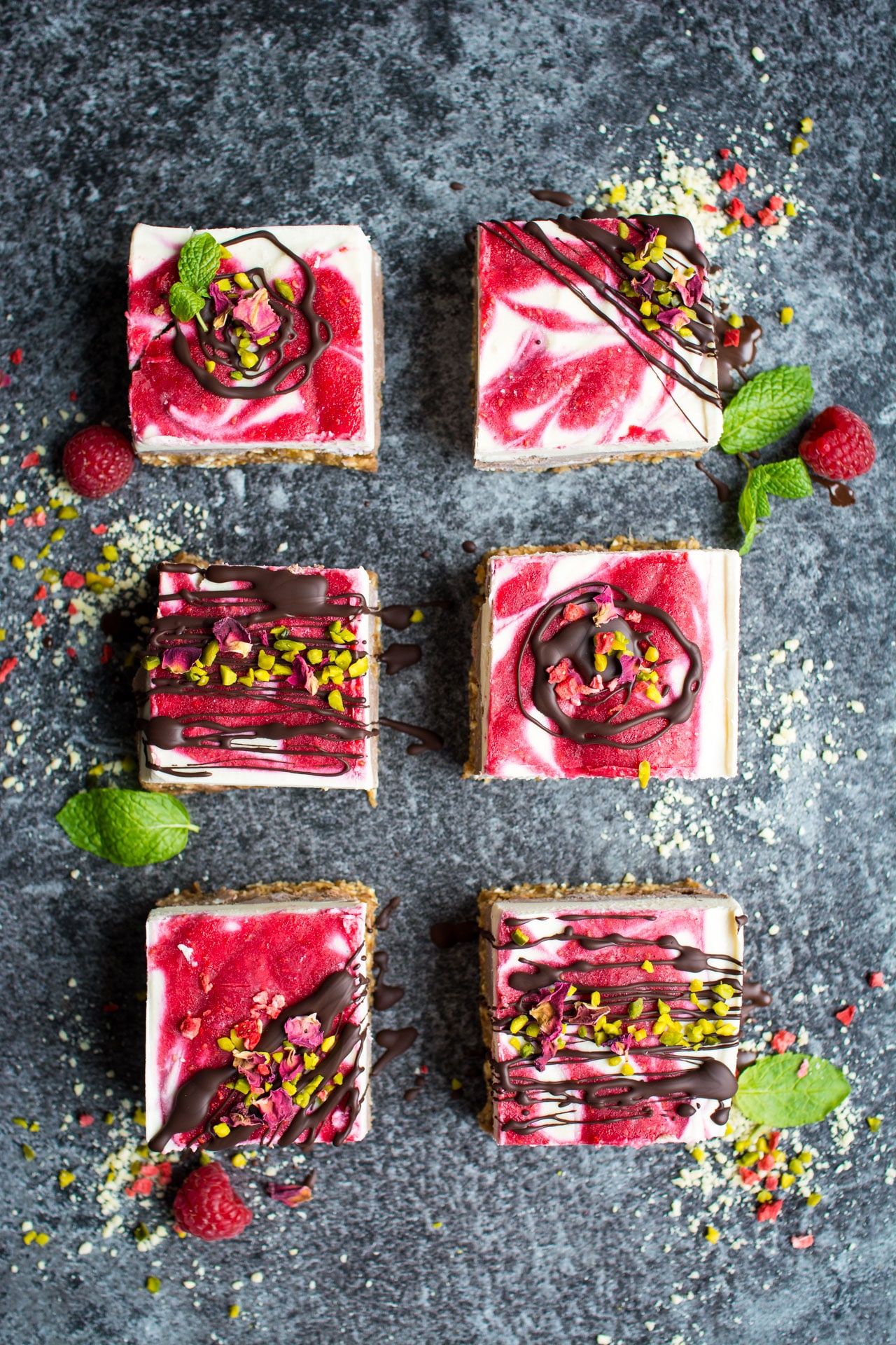 2 rows of 3 raspberry cheesecake squares