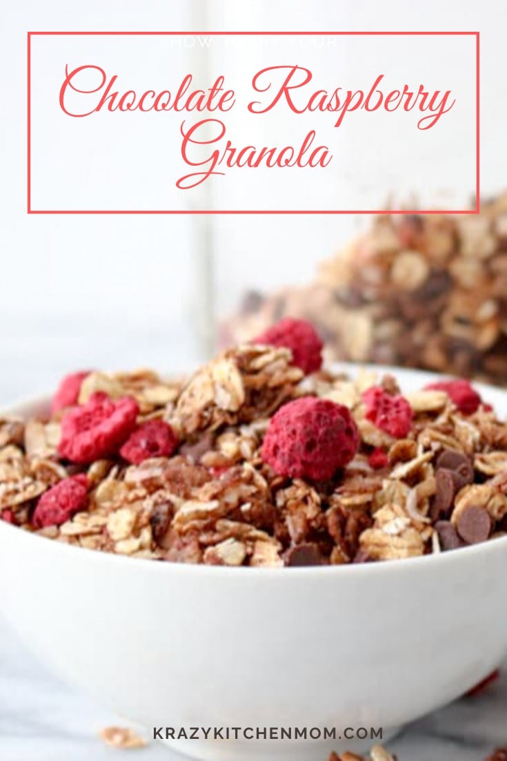 Chocolate Raspberry Granola delivers on everything delicious. A deep dark chocolate flavor that is not too sweet with the brightness of freeze-dried raspberries. via @krazykitchenmom