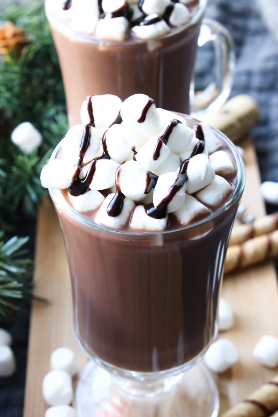 A close up of a coffee cup with Hot chocolate, mini marshmallows and chocolate sauce