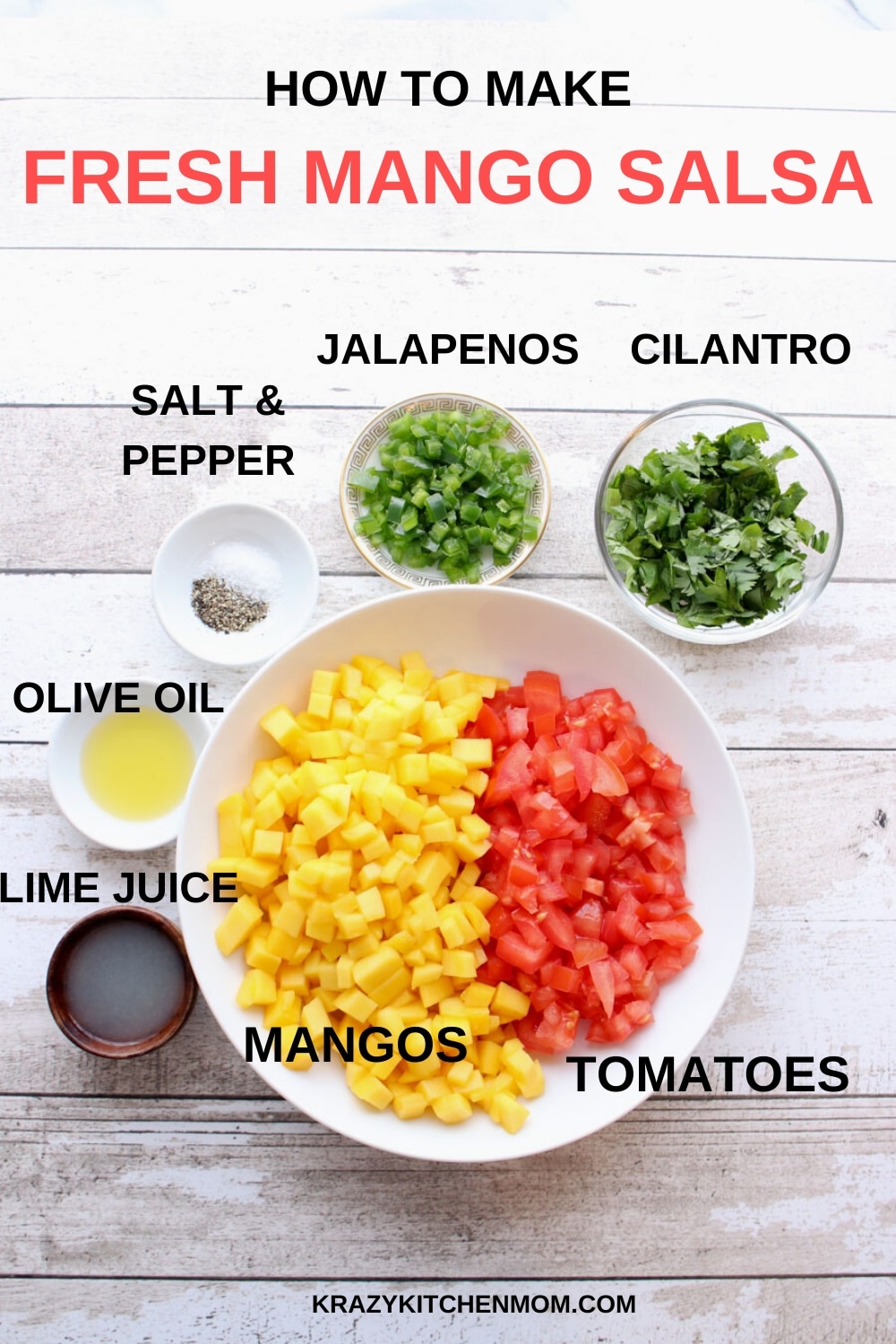 Fresh Mango Salsa is bursting with bright sweet flavor from the perfectly ripened mango and bright red tomatoes with a hint of heat from a jalapeno.  via @krazykitchenmom