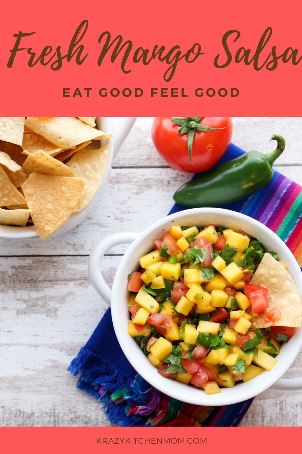 Fresh Mango Salsa is bursting with bright sweet flavor from the perfectly ripened mango and bright red tomatoes with a hint of heat from a jalapeno.  via @krazykitchenmom