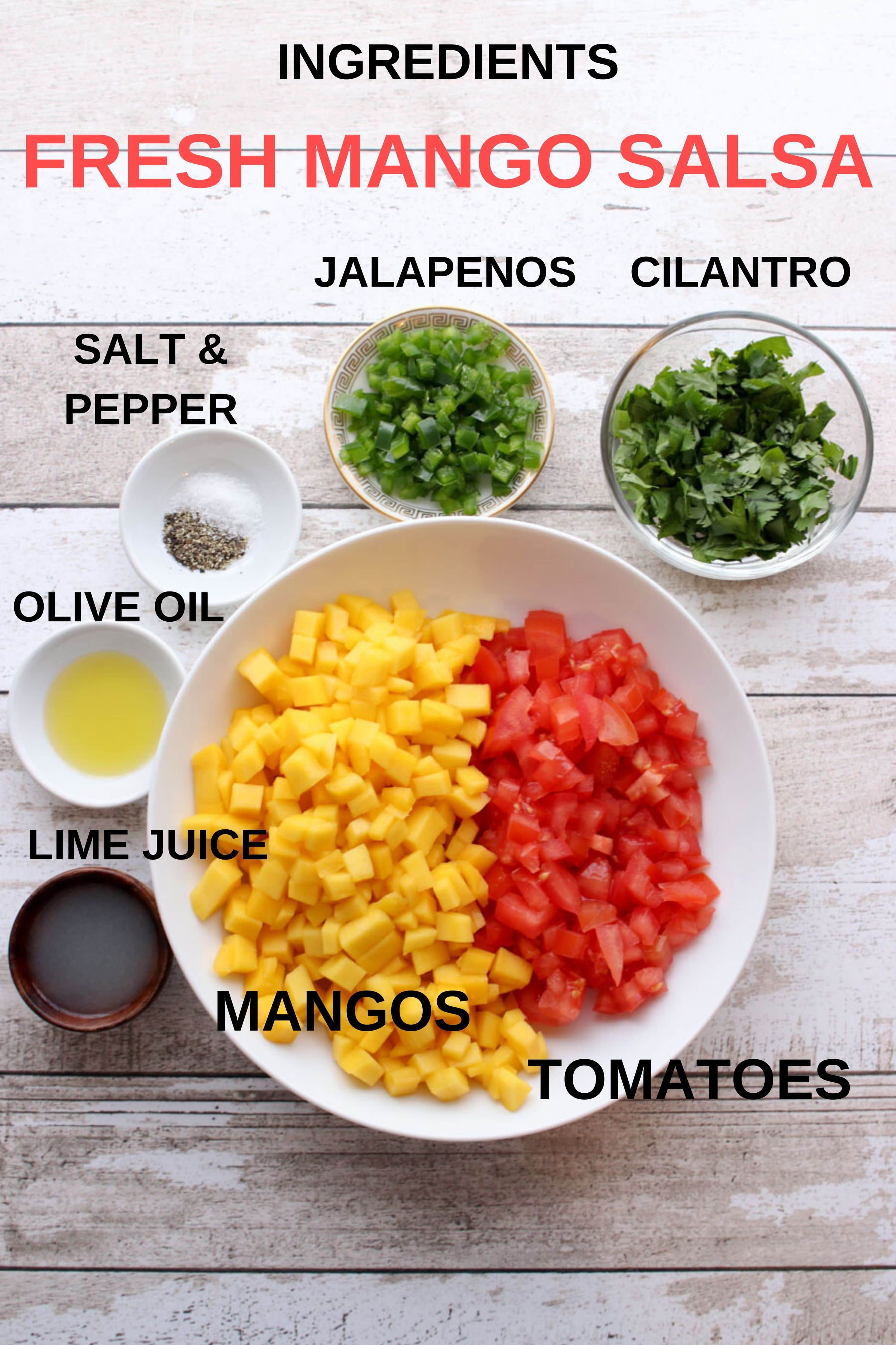 photo, with labels, showing all of the mango salsa  ingredients