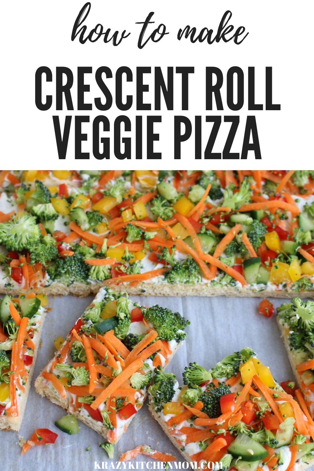 Crescent Roll Veggie Pizza a fresh way to eat veggies. It's made with refrigerator crescent roll dough, homemade dill dip and lots of fresh vegetables. I'd say it's a classic! via @krazykitchenmom