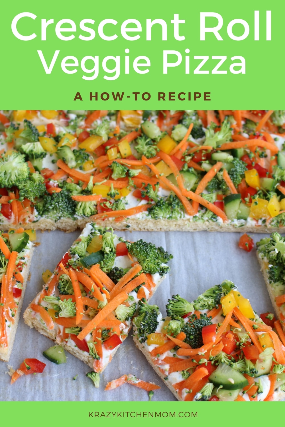 Crescent Roll Veggie Pizza a fresh way to eat veggies. It's made with refrigerator crescent roll dough, homemade dill dip and lots of fresh vegetables. I'd say it's a classic! via @krazykitchenmom