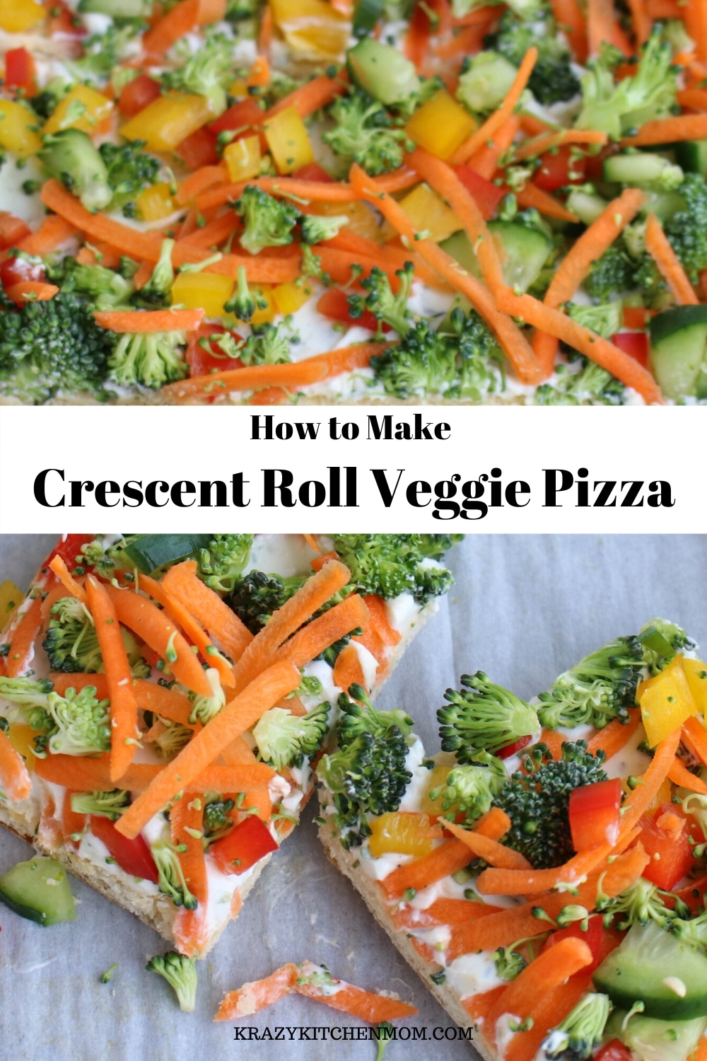 Crescent Roll Veggie Pizza a fresh way to eat veggies. It's made with refrigerator crescent roll dough, homemade dill dip and lots of fresh vegetables. I'd say it's a classic! via @krazykitchenmom