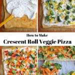 4 photos showing how to make crescent roll veggie pizza