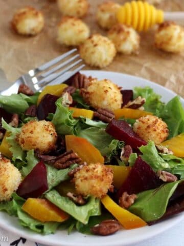 Fried Goat Cheese Balls on a salad