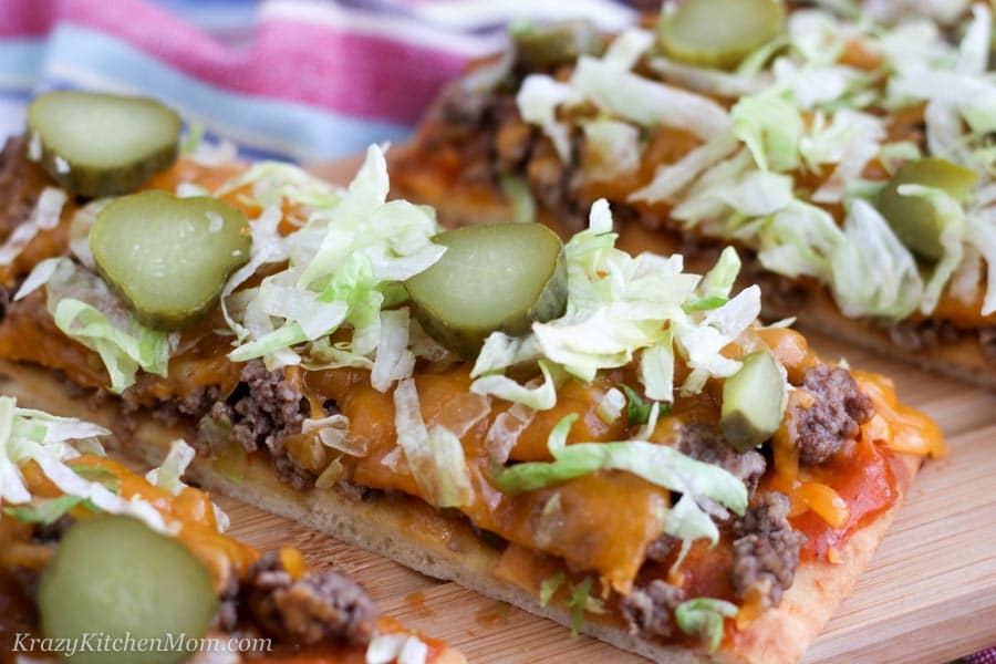 Cheeseburger Flatbread Pizza Sliced 