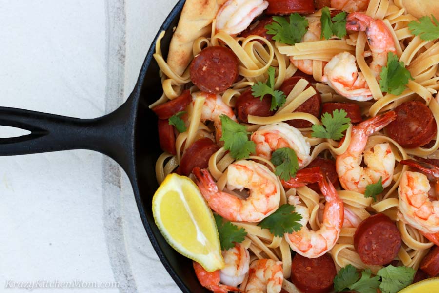 Shrimp and Chorizo Pasta half of pan