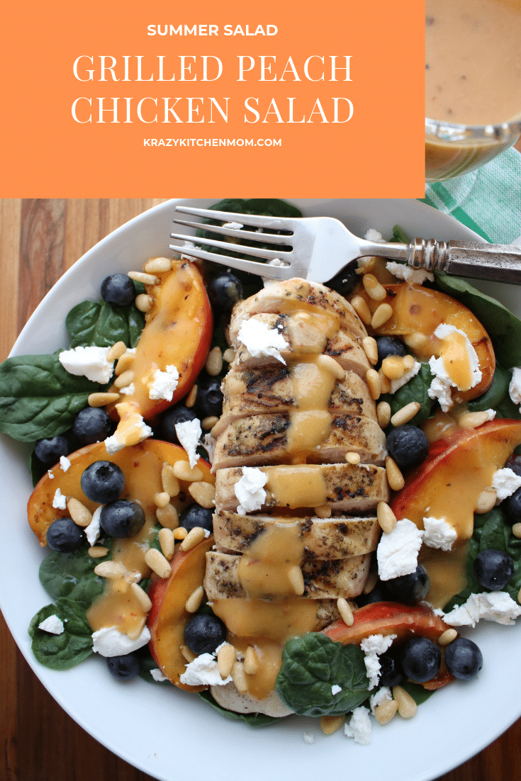 baby spinach, tangy goat cheese, and, toasted pine nuts. Topped with a luscious grilled peach salad dressing. via @krazykitchenmom