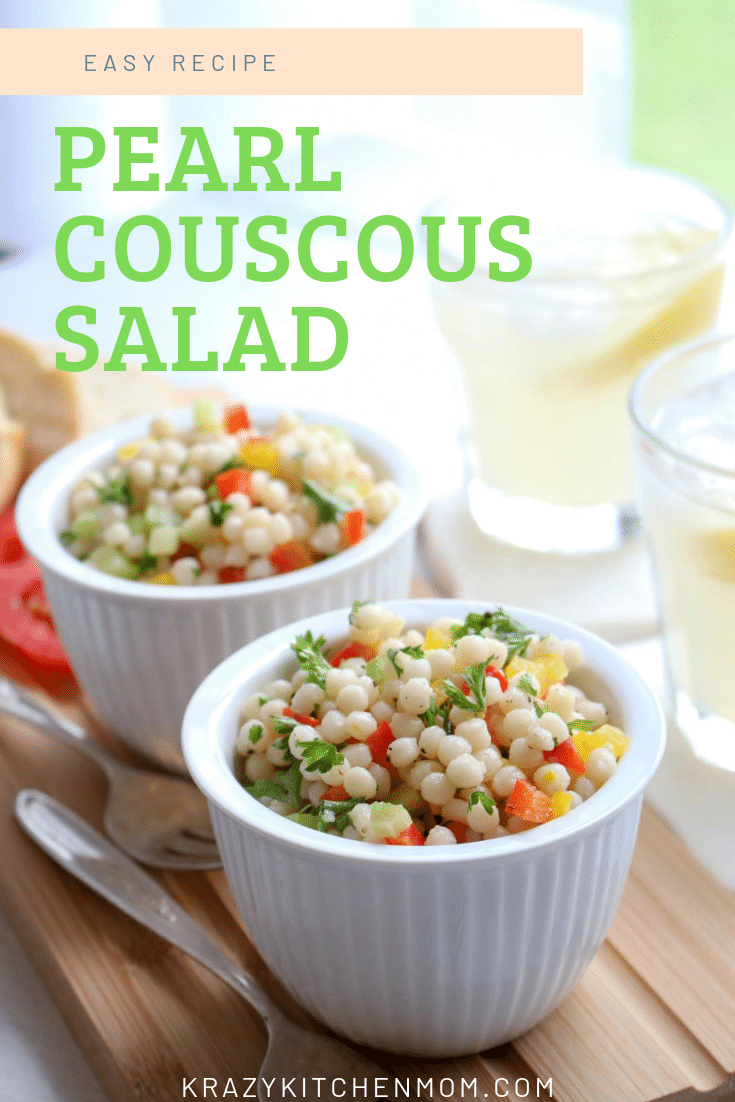 This Pearl Couscous Salad is light and full of fresh bell peppers, celery, and parsley tossed in a light lemon and olive oil dressing. Perfect for a summer picnic.  via @krazykitchenmom