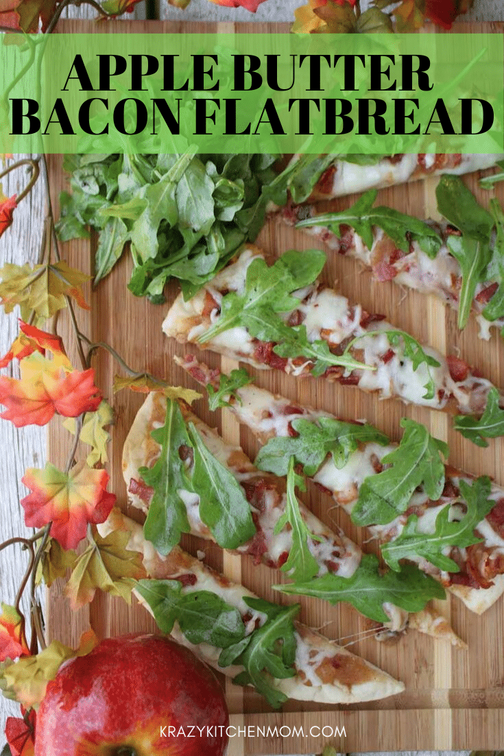 This Apple Butter Bacon Flatbread is crispy from the flatbread, sweet from the apple butter, salty from the bacon, and creamy from the cheese. via @krazykitchenmom