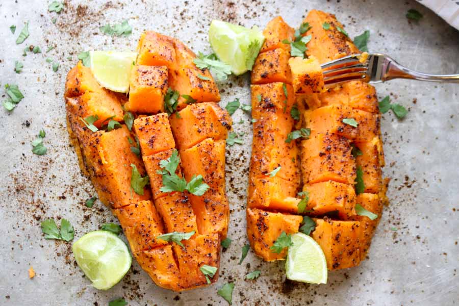 Chili Honey-Lime Roasted Sweet Potatoes on a sheet pan