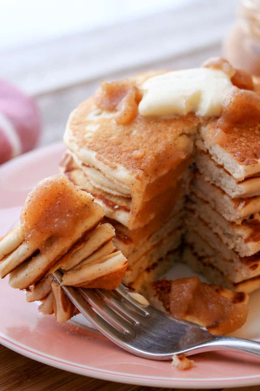 very close up pancakes with fork