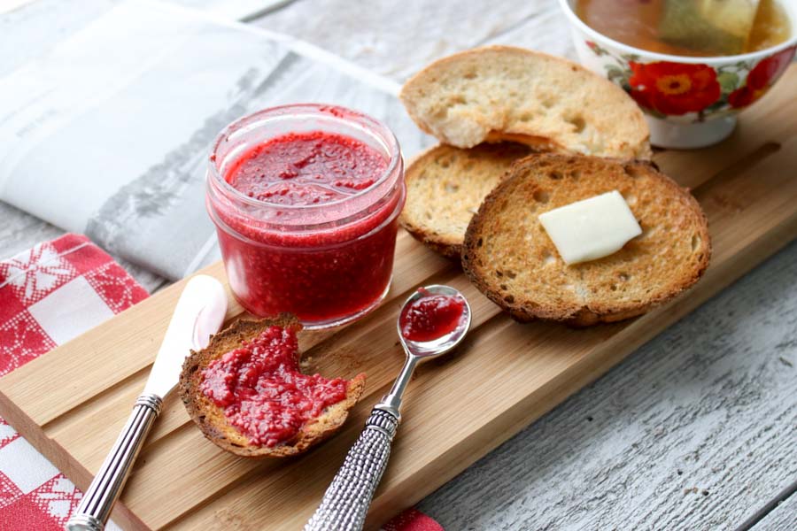 Three Ingredient Raspberry Jam is so easy, you'll never buy jam or jelly again. It's made with just three ingredients in less than 5 minutes. via @krazykitchenmom