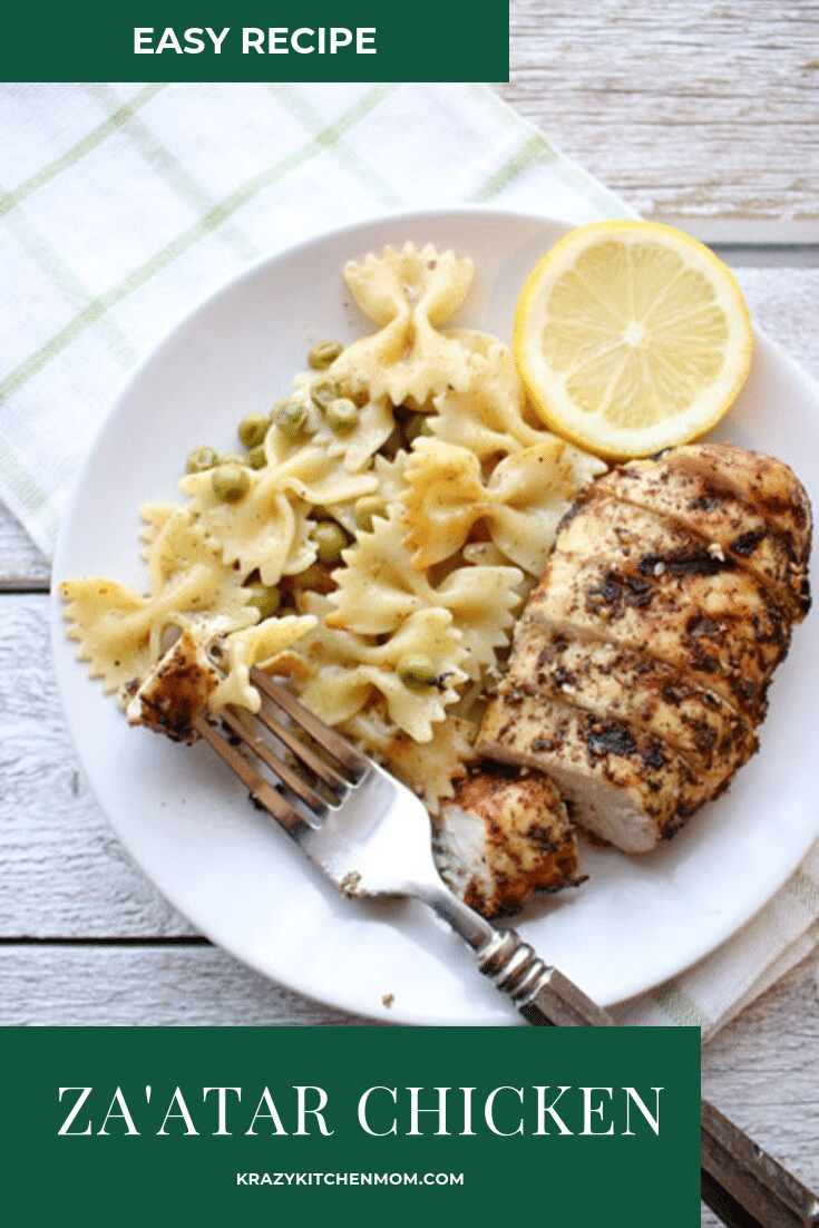 Za'atar Grilled Chicken and Pasta is a recipe made with chicken breasts that are marinated in Za'atar seasoning, lemon and olive oil.  via @krazykitchenmom