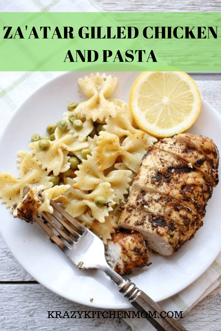 Za'atar Grilled Chicken and Pasta is a recipe made with chicken breasts that are marinated in Za'atar seasoning, lemon and olive oil.  via @krazykitchenmom