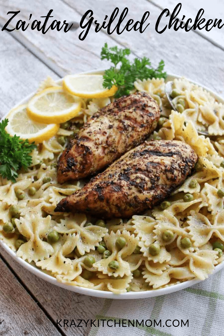 Za'atar Grilled Chicken and Pasta is a recipe made with chicken breasts that are marinated in Za'atar seasoning, lemon and olive oil.  via @krazykitchenmom