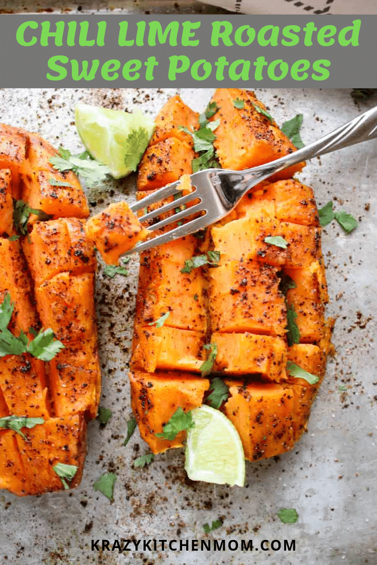 Chili Honey-Lime Roasted Sweet Potatoes are slow-roasted sweet potatoes that get their sweetness from honey and spiciness from the chili lime seasoning. via @krazykitchenmom