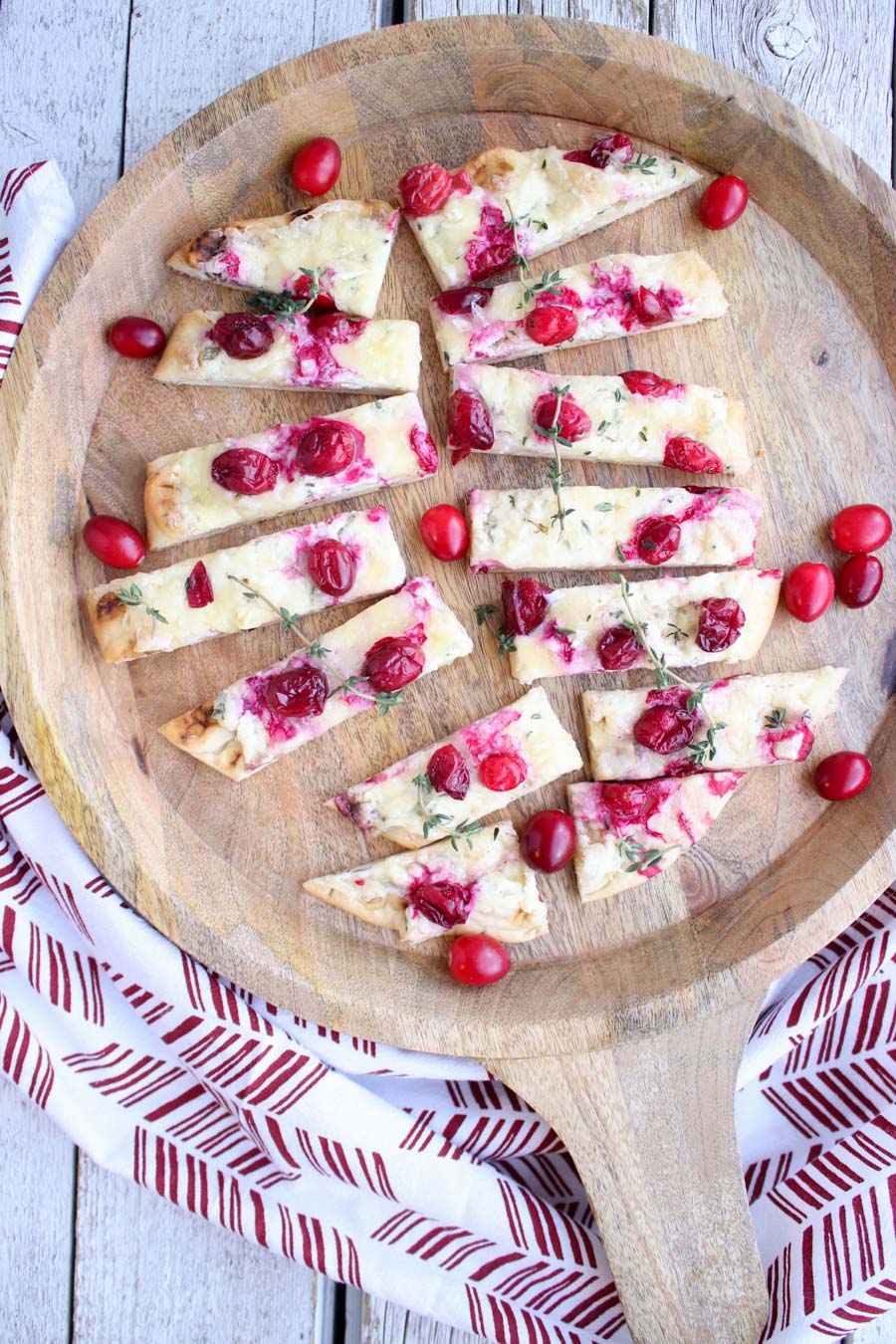 Three Cheese Cranberry Flatbread sliced on a tray