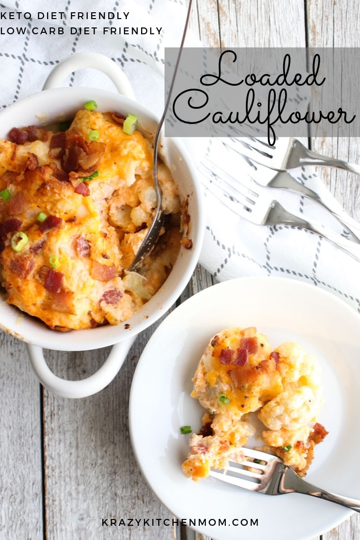 Loaded Cauliflower Casserole is a hearty low carb/keto diet-friendly dish. It's made with steamed and roasted cauliflower packed with cheesy and bacon goodness.   via @krazykitchenmom