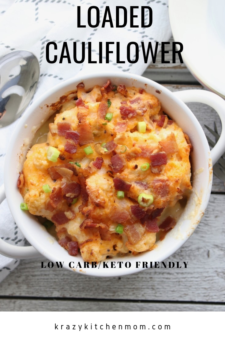 Loaded Cauliflower Casserole is a hearty low carb/keto diet-friendly dish. It's made with steamed and roasted cauliflower packed with cheesy and bacon goodness.   via @krazykitchenmom