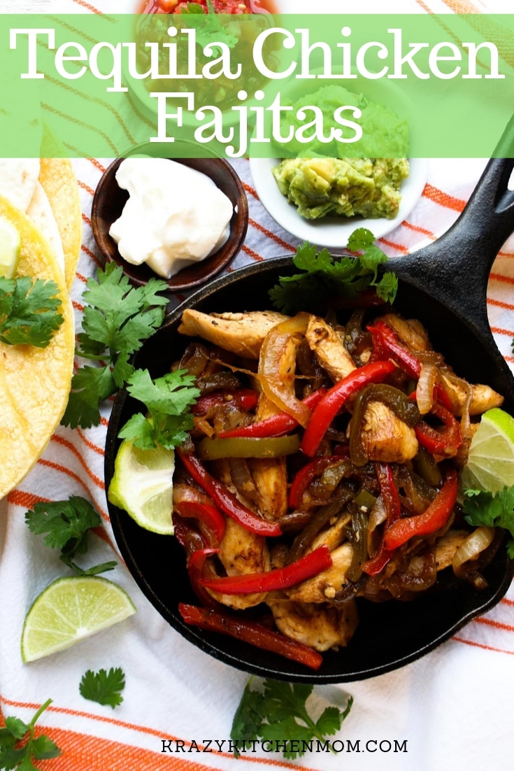 Tequila Chicken Fajitas taste just like your favorite restaurant version with a twist. The twist is in the tequila marinade that makes the chicken extra zesty.  via @krazykitchenmom