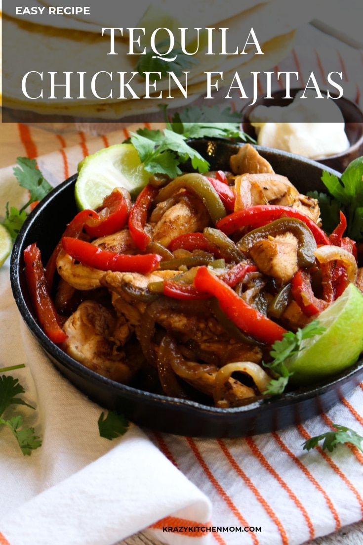 Tequila Chicken Fajitas taste just like your favorite restaurant version with a twist. The twist is in the tequila marinade that makes the chicken extra zesty.  via @krazykitchenmom