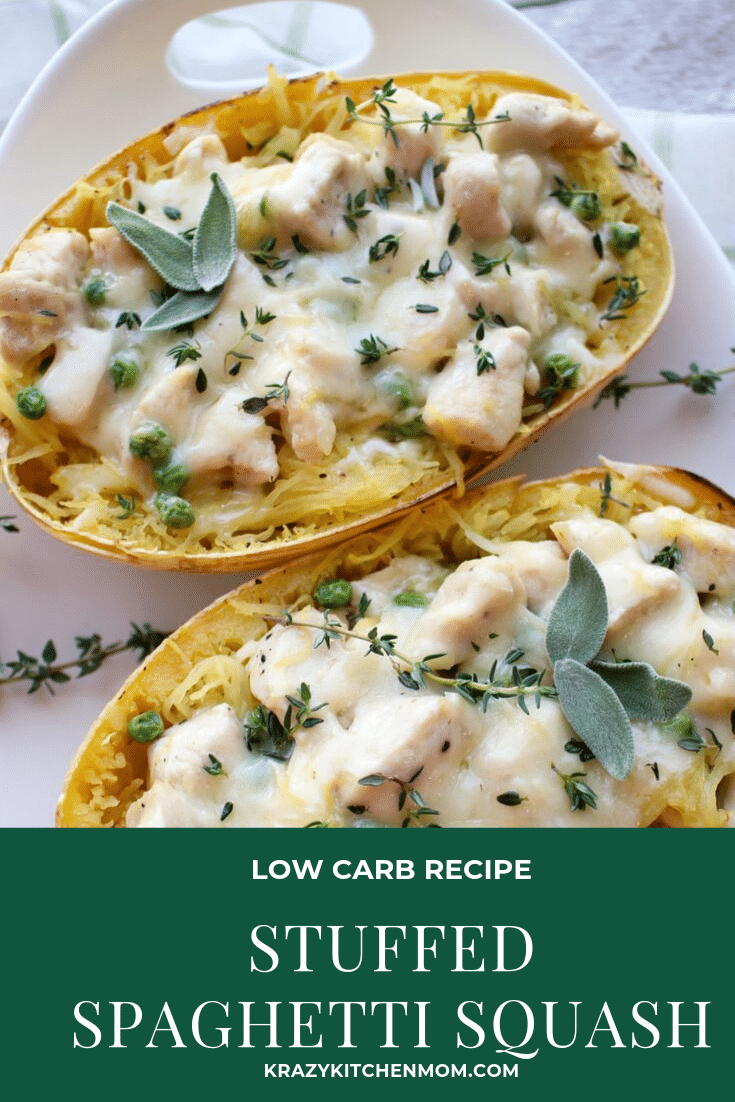 Low carb Stuffed Spaghetti Squash is full of chicken, peas, and fresh herbs all topped with nutty Gruyere cheese than baked to perfection. via @krazykitchenmom