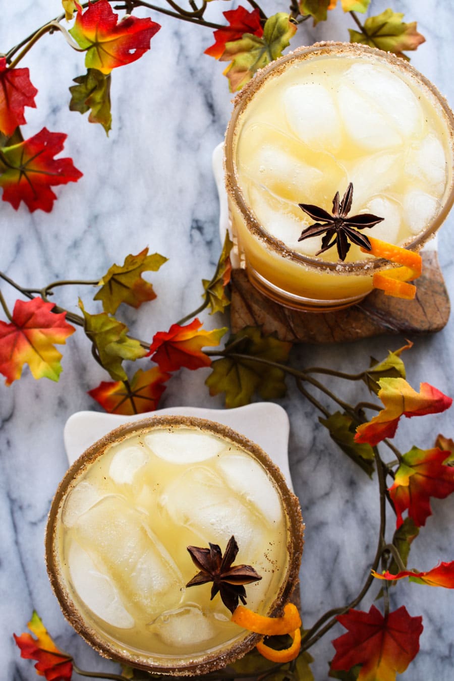 overhead shot of apple cider margaritas