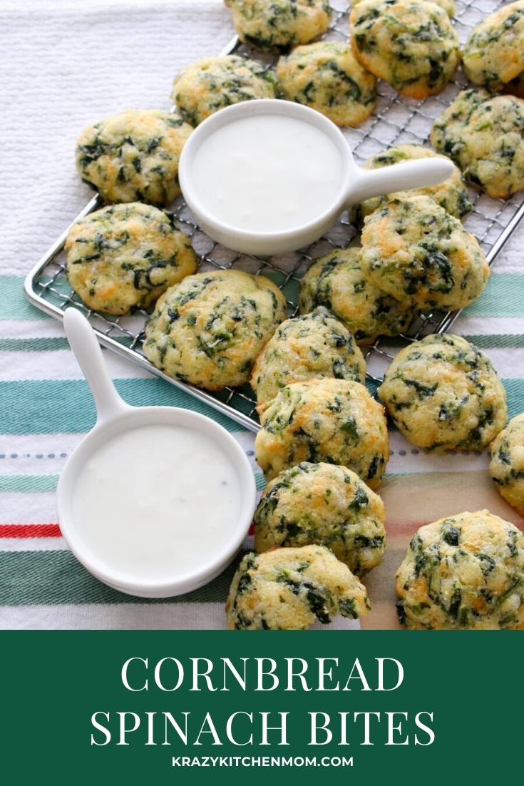 Cornbread Spinach Cheese Bites are an easy make-ahead appetizer using frozen spinach, boxed corn muffin mix, eggs, blue cheese dressing, and cheese. Don't miss this easy video recipe. via @krazykitchenmom