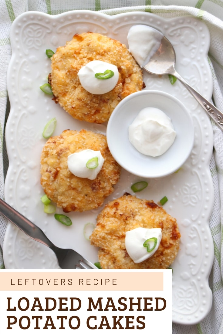 Loaded Mashed Potato Cakes are one of the best ways to use up leftover mashed potatoes. We've loaded these with ham, cheese, and sour cream. via @krazykitchenmom