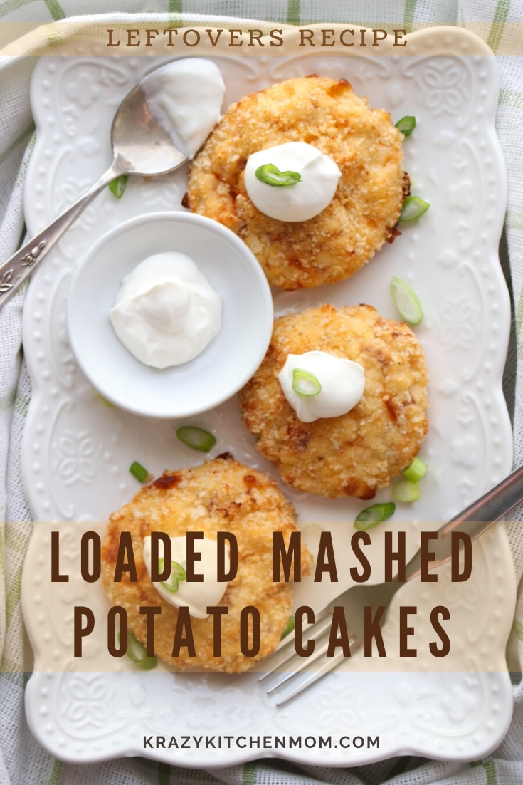 Loaded Mashed Potato Cakes are one of the best ways to use up leftover mashed potatoes. We've loaded these with ham, cheese, and sour cream. via @krazykitchenmom