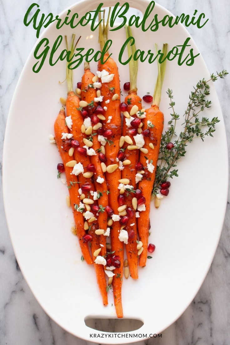 Apricot Honey Glazed Carrots are roasted and glazed with an apricot jam, honey, and balsamic sauce served with goat cheese, pine nuts and pomegranate.  via @krazykitchenmom