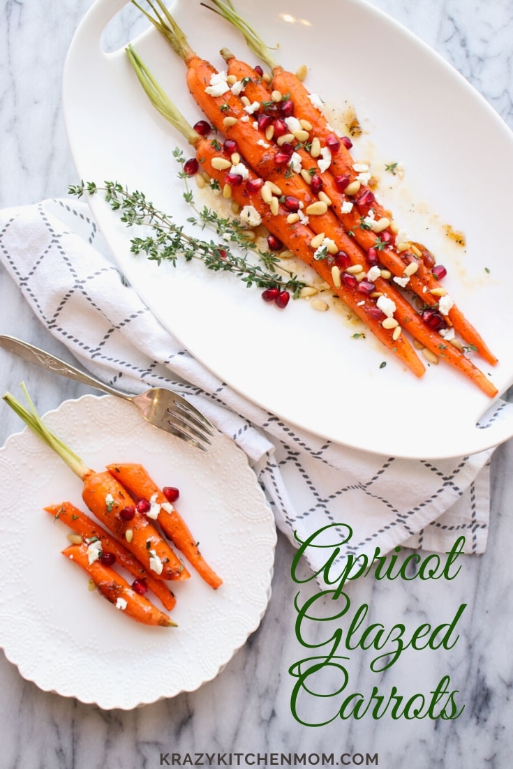 Apricot Honey Glazed Carrots are roasted and glazed with an apricot jam, honey, and balsamic sauce served with goat cheese, pine nuts and pomegranate.  via @krazykitchenmom