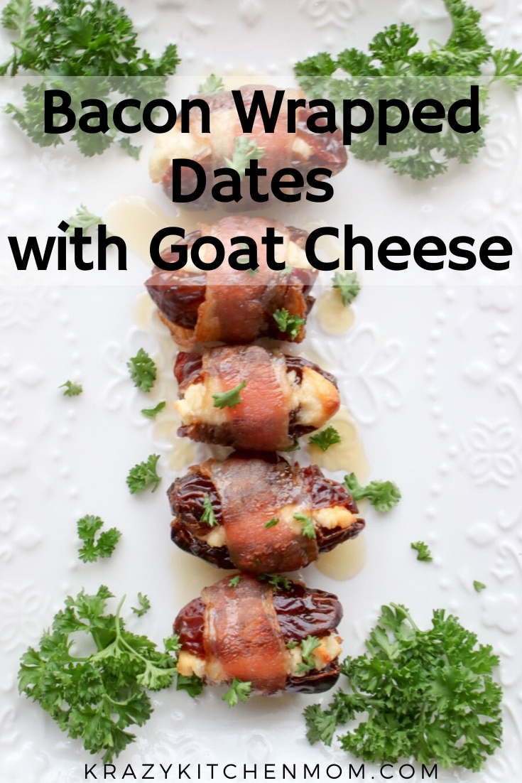 Bacon-Wrapped Dates Stuffed with Goat Cheese are smoky, sweet, creamy. They are the perfect appetizer for a fancy party or a casual get together. via @krazykitchenmom