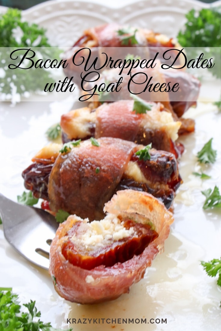 Bacon-Wrapped Dates Stuffed with Goat Cheese are smoky, sweet, creamy. They are the perfect appetizer for a fancy party or a casual get together. via @krazykitchenmom