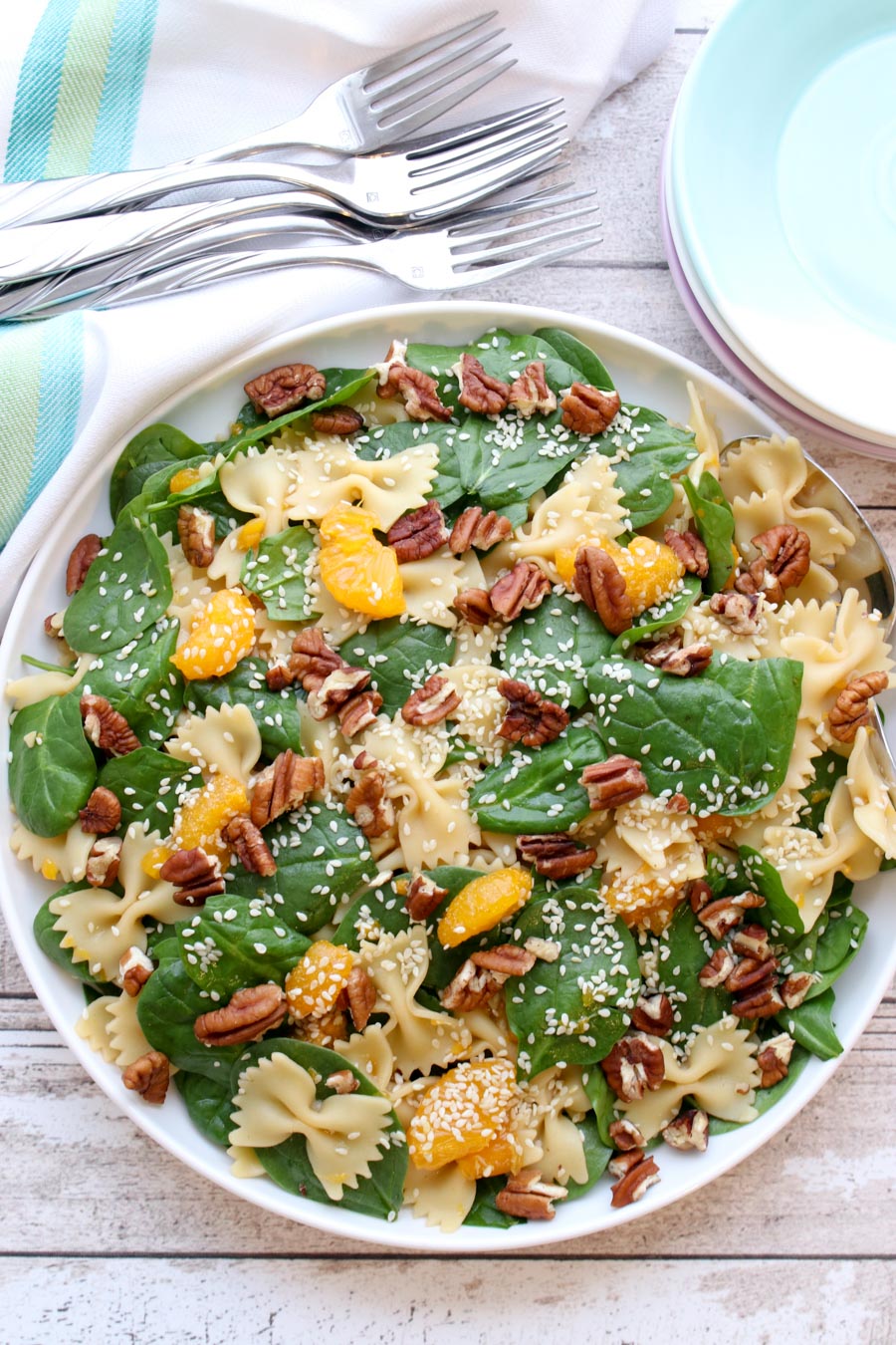 Spinach pasta salad in serving bowl